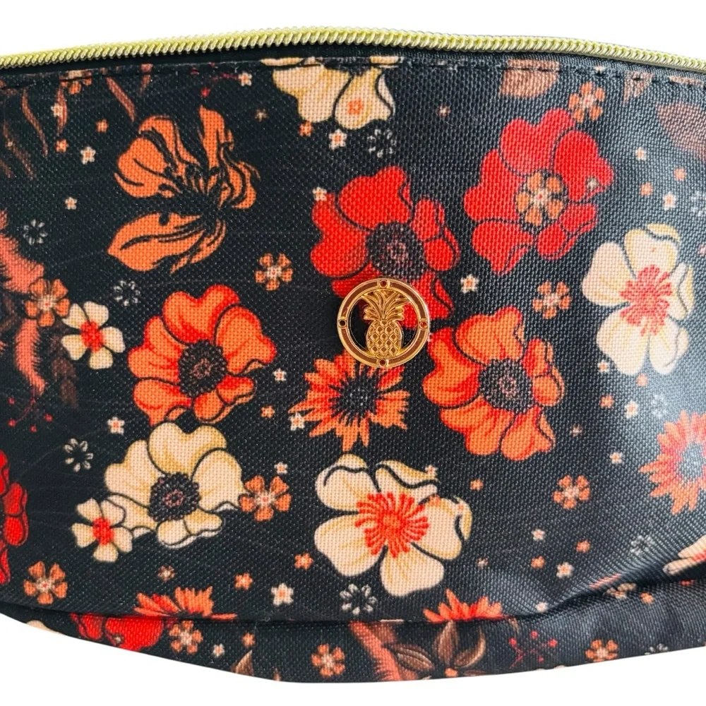 NWOT Simply Southern Black Red Orange Large Floral Cosmetic Bag with Gold Zipper